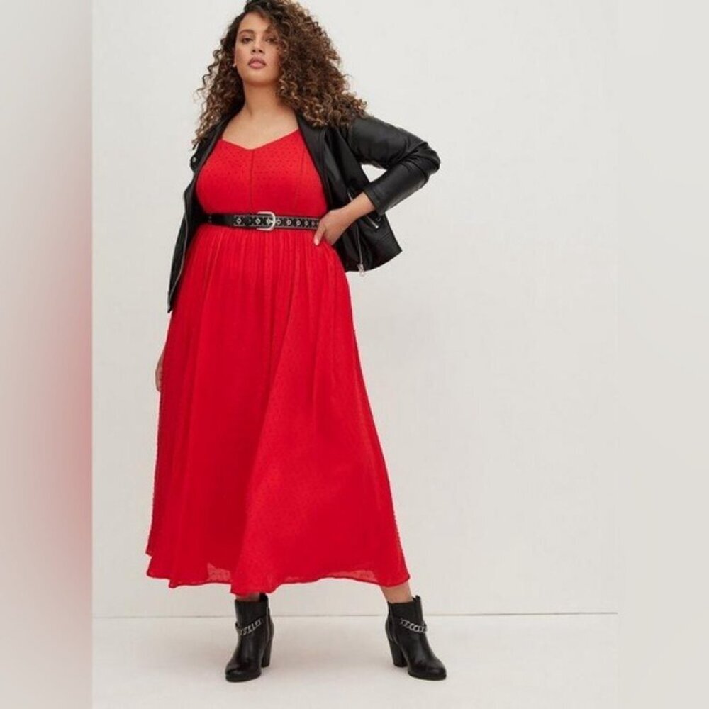 NWT Torrid Women’s Ladder Trim Swiss Dot Chiffon Red Maxi Dress Size 00